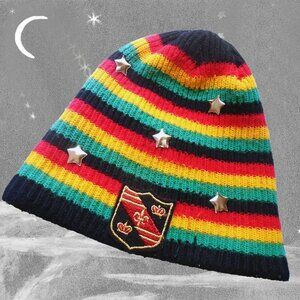 Winter Beanie Colorful Embellished OOAK Multicolor Stripe Acrylic Knit Cap Hat